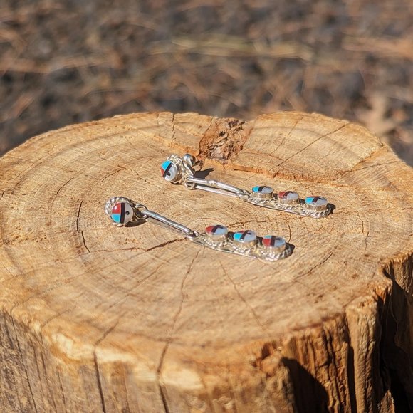 Authentic Zuni Sun Face Inlay Dangle Earrings Handmade Native American Jewelry** - Picture 7 of 9
